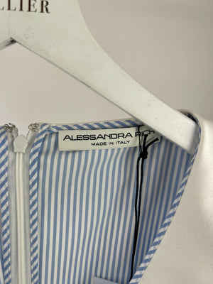 Alessandra Rich Blue and White Striped Skater Dress with Peter Pan Collar Detail Size IT 38 (UK 6)