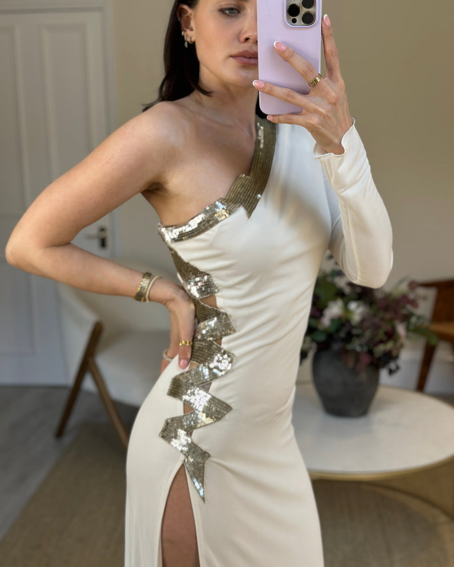 Dundas White One-Shoulder Maxi Gown Long Dress with Sequin Detailing IT 40 (UK 8)