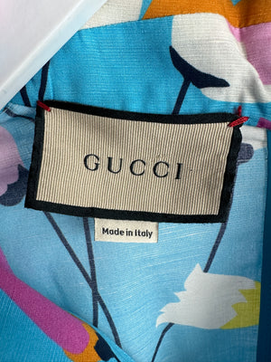 Gucci Blue Floral Linen Blend Belted Midi Dress Size IT 40 (UK 8)