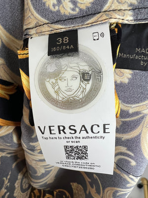 Versace Black and Gold Brocade Printed Silk Shirt Size IT 38 (UK 6-8)