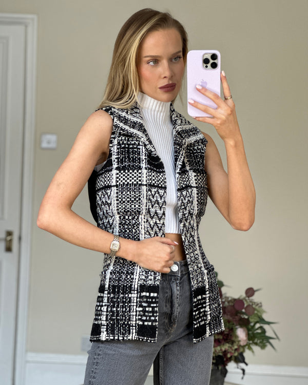 Chanel Black and White Tweed and Satin Waistcoat Size FR 36 (UK 8)