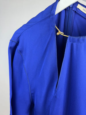 Celine Colbolt Blue Satin Dress with Gold Detail FR 38 (UK 10)