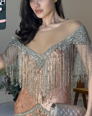 Elisabetta Franchi Rose Gold Sequin with Crystal Fringe Embellishment Dress Size IT 42 (UK 10)