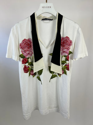 Dolce & Gabbana White V-Neck T-shirt with Rose and Tie Neck Detail Size IT 36 (UK 4)