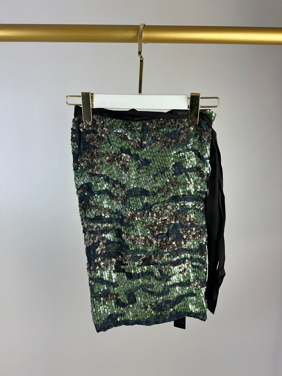 Isabel Marant Green and Silver Leopard Print Embellished Wrap Mini Skirt FR 36 (UK 8)