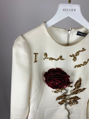 Dolce & Gabbana Cream Embellished Rose Long Sleeve Dress IT 34 (UK 4)