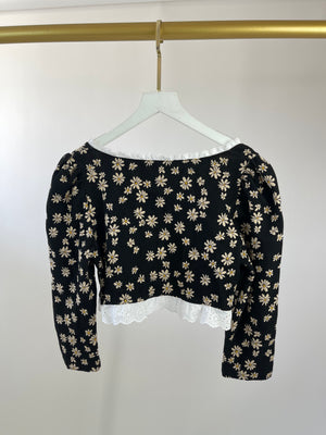 Miu Miu Black Floral Cropped Top with White Collar Detail Size L (UK 12)